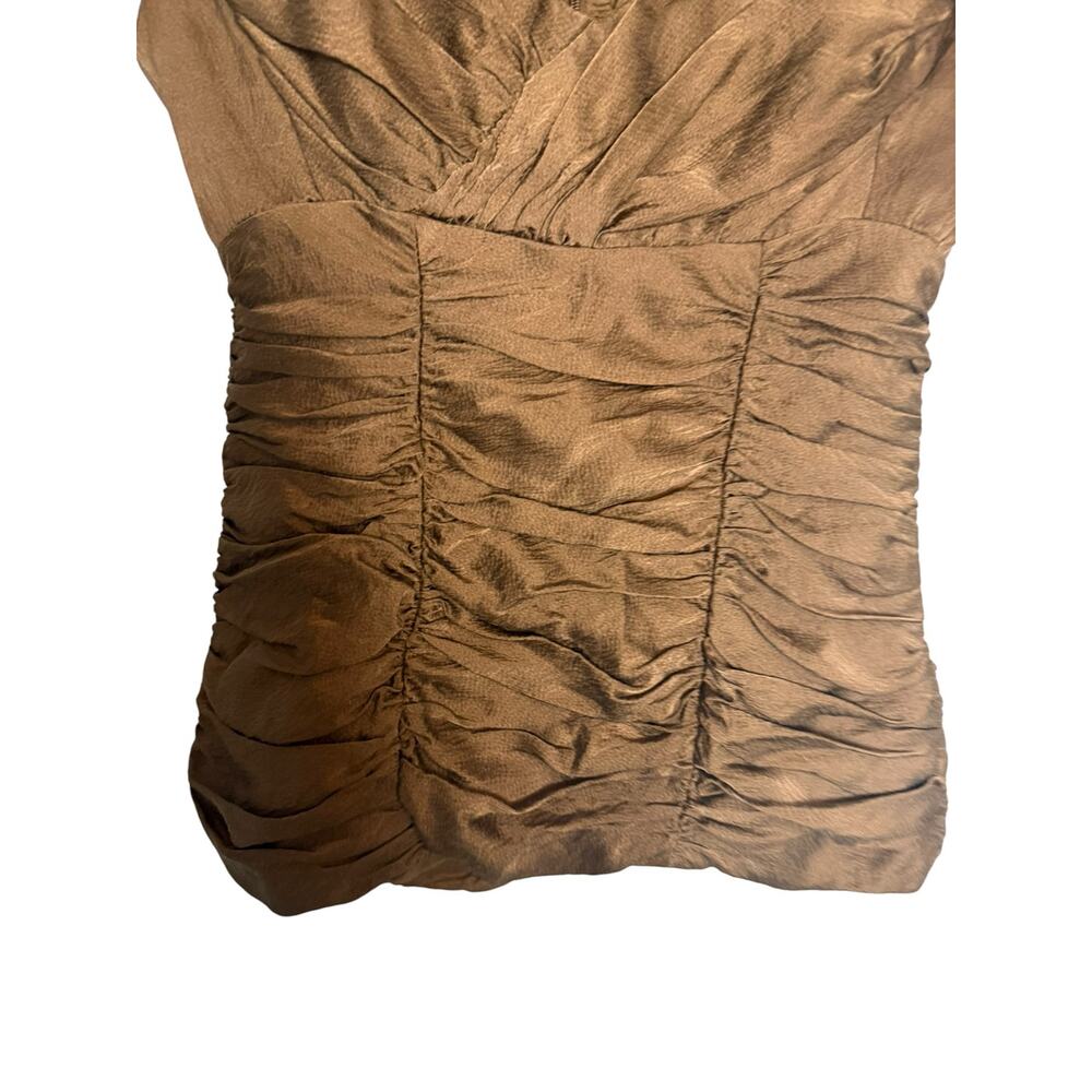Nanette Lepore Bronze Brown Ruched Fitted Cap Sleeve Portrait V-Neck Silk Top 2 - Picture 4 of 6
